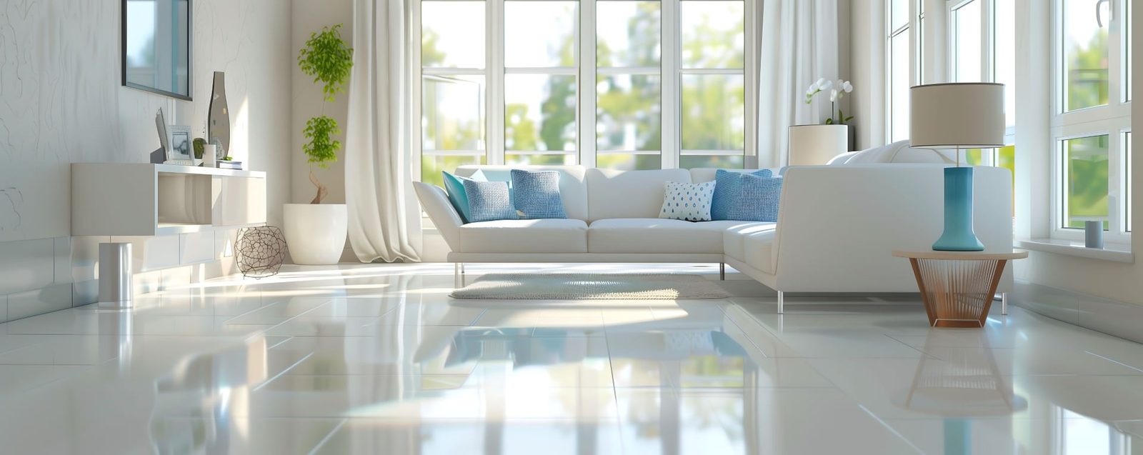 Bright modern living room with a white sofa and blue accent pillows